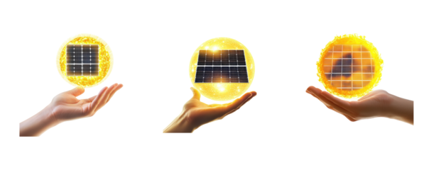 Collection of hand holding a glowing sun with solar panels underneath symbolizing solar power. full length isolate on transparent background