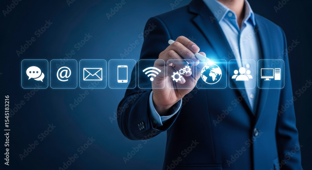 Poster businessman touching digital interface technology communication connection network global data
