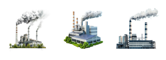 Collection of factory with reduced carbon emissions thanks to green energy solutions. full length isolate on transparent background