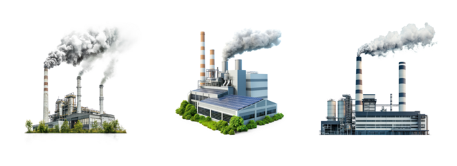 Collection of factory with reduced carbon emissions thanks to green energy solutions. full length isolate on transparent background