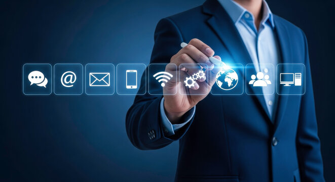 Businessman touching digital interface technology communication connection network global data