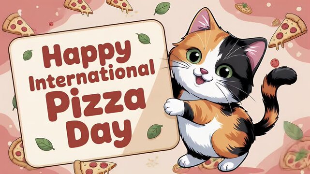 Animated Calico Cat Holds Happy International Pizza Day Sign with Festive Background Featuring Pizza Slices and Green Basil Leaves Eye Level Shot