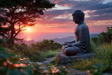 A huge Buddha statue, the sun setting behind it, casting long shadows on its face and hands, surrounded by lush green trees under orange skies