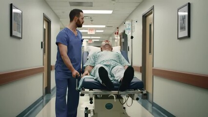 Person on gurney being moved through hospital hallway for medical care