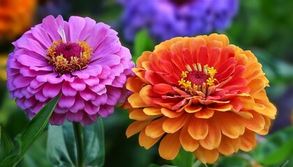 vibrant zinnias in full bloom burst with pink orange yellow and purple petals a cheerful garden close up with lush green leaves and softly blurred background