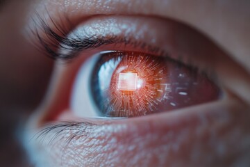 woman's eye with a glowing futuristic biometric interface against a cyberpunk background