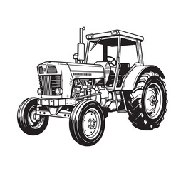 Fototapeta premium Vintage art silhouette of a classic farm tractor in black and white for agricultural projects