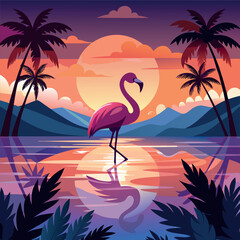 Elegant silhouette of a flamingo standing in shallow water at dusk, with visible reflection. High-quality 4K image ideal for romantic, tropical, or wildlife visuals.
