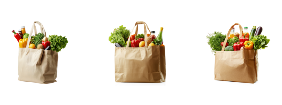 Collection of Shopping Bag with Groceries Vegetables, fruits, and pantry items peeking out. full length isolate on transparent background