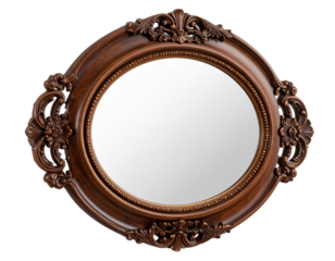  “Vintage Ornate Oval Mirror with Carved Wooden Frame, Transparent Background”