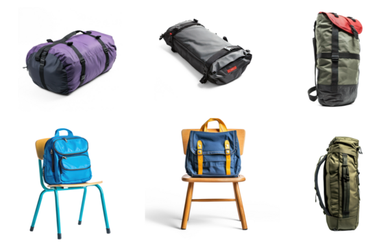 Collection of Lying Flat Back Facing Up The back side of the bag visible when laid flat. full length isolate on transparent background