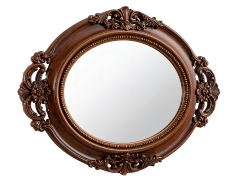 “Vintage Ornate Oval Mirror with Carved Wooden Frame, Transparent Background”