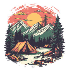 Vibrant Camping Scene with Mountains and River under a Sunset Sky