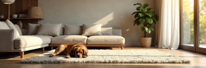 Modern minimalist living room, dog sleeping on rug, cat, contemporary, plant