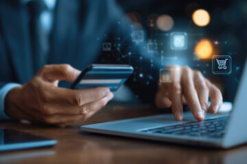 Digital online payment concept. Business people using mobile smart phone, online payment, banking, online shopping. Technology online banking applications via internet network. financial transaction