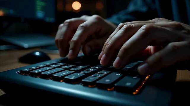Fast Typing Hands on Illuminated Keyboard at Night Dark Atmosphere Programmer Coding Work