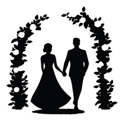 Elegant Silhouette of Couple Holding Hands Under Floral Archway