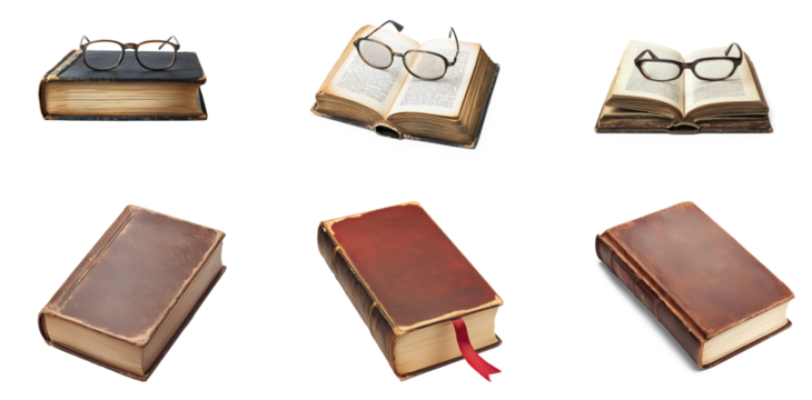 Collection of Book With Glasses A book with reading glasses placed on top. full length isolate on transparent background