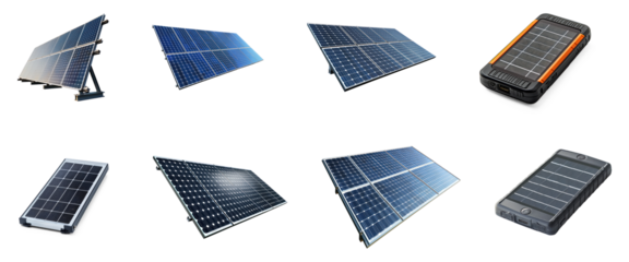 Collection of solar panel array, reducing carbon footprints with each ray. full length isolate on transparent background