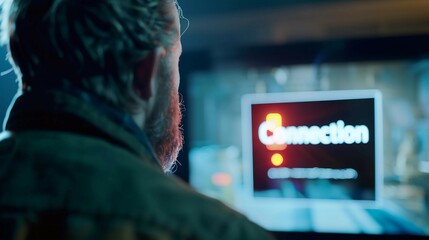 Frustrated young gamer staring at computer screen with connection lost error message, red ping indicator flashing. Online gaming issues, technical problems and internet connection failure concept.