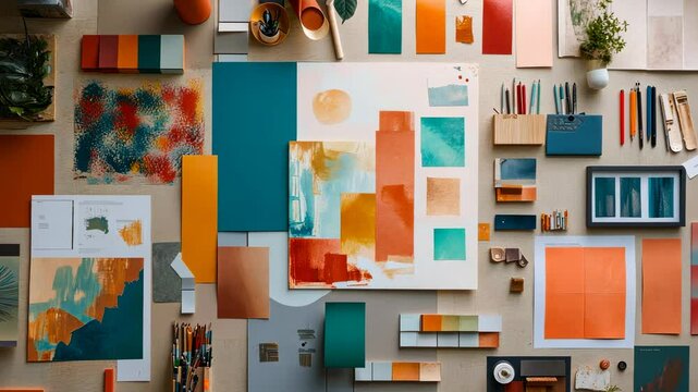 Color palette swatches, design mockups, and art supplies arranged on a light-colored surface