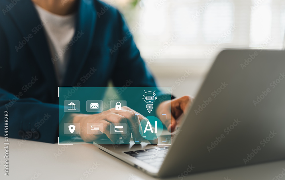 Poster businessman showing ai technology analyzing financial data stock market. ai learning and business ar
