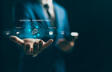 A Hand showing Digital marketing. Search Engine Optimisation SEO. Digital marketing strategy of...