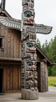 Traditional alaskan totem pole in front of wooden building with forest background
