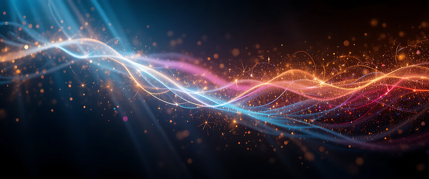abstract golden red blue pink aqua gradient flecks of light rays in flashes in black precious background, shimmering, minimalist, night time, flowing from top right corner, sparkling, quince, burst, s