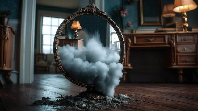 Antique mirror in gilded frame with smoke coming from base standing on wooden floor in elegant room with furniture, lamps and windows