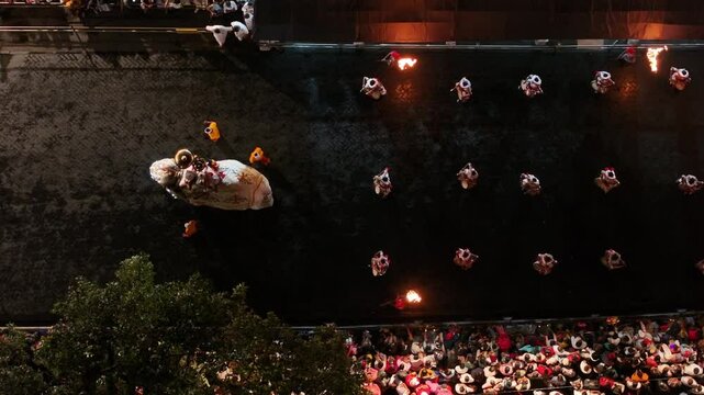 Aerial footage of the Kandy Esala Perahera, Sri Lanka&rsquo;s most iconic cultural festival. The drone captures the grand procession with traditional dancers, fire performers, drummers, and richly adorned e