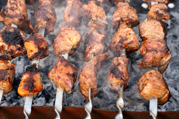 A skewer of meat is being cooked on a grill. The meat is brown and has a smoky flavor