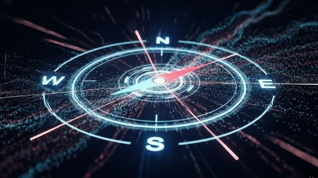 Glowing compass with directional letters north, south, east, and west on a dark particle background
