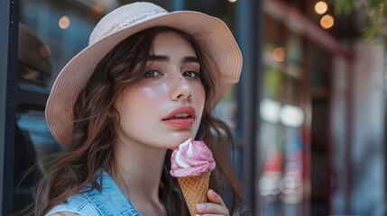 beautifyl girl eating delicious ice cream in summer