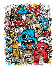 Colorful Doodle Artwork Featuring Whimsical Monsters and Playful Creatures
