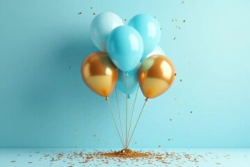 image shows bunch blue gold balloons floating air blue background gold confetti scattered floor - Powered by Adobe