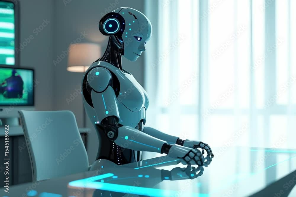 Poster image shows humanoid robot sitting desk front computer monitor keyboard mouse lamp table wall
