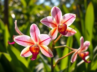 Fototapeta premium Striped Pink and Orange Orchids in Sunlight