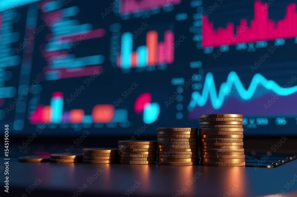 Poster image shows stack coins sitting top laptop computer blurred background coins appear arranged neat st