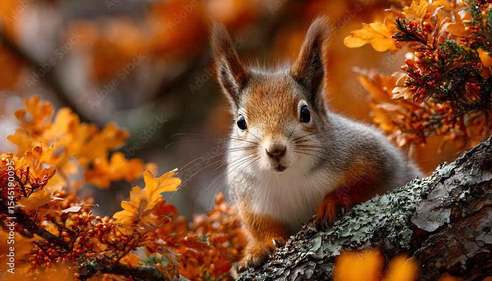 Poster a squirrel sits on a tree branch surrounded by autumn leaves in a forest during fall