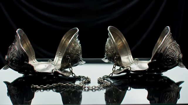 Ornate Silver Bracers Linked by Chain on Reflective Surface with Dark Backdrop