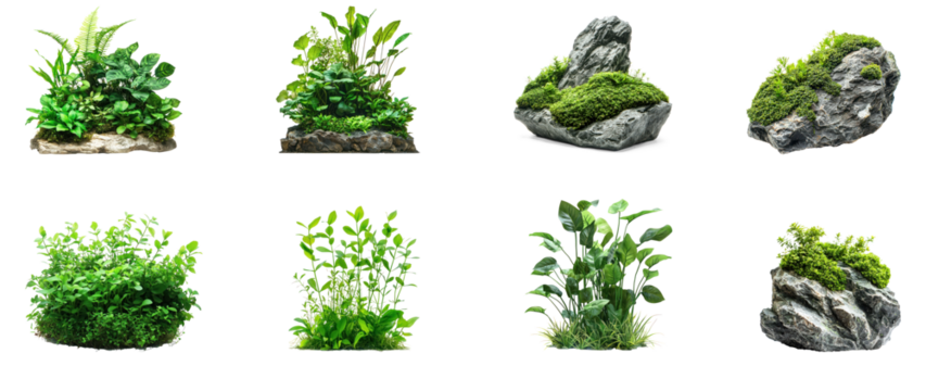 Collection of Real aquatic plants, like Java ferns and anubias, thriving in the tank, creating a jungle-like atmosphere. full length isolate on transparent background