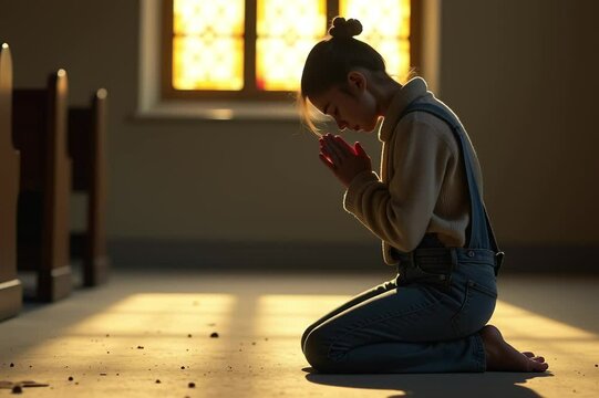 image shows young girl kneeling floor front stained glass window hands clasped together prayer left sid