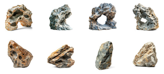 Collection of natural rock formation, smooth and weathered, creating a serene underwater cave. full length isolate on transparent background