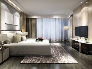 Mock up of a spacious bedroom with a stylish comfortable bed and an exclusive decorative background, 3D rendering.