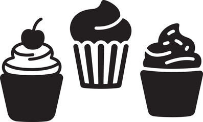 Set of black cupcakes icon silhouette, cupcakes silhouette vector, cake icon, Cherry Cupcake Silhouette, Collection of cupcake silhouette vector icon vector
