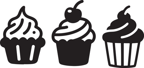 set of cupcakes silhouette. Cake icon. silhouette of cupcakes with cherries on top. Collection of cupcake silhouette vector
