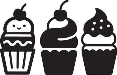Set of black cupcakes icon silhouette, cupcakes silhouette vector, cake icon, Cherry Cupcake Silhouette, Collection of cupcake silhouette vector icon vector