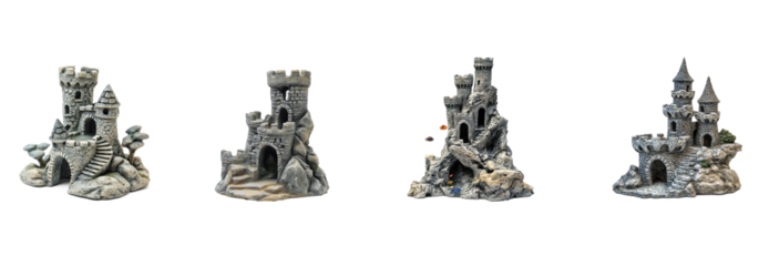 Collection of smooth stone castle, providing hiding spots for the fish to explore. full length isolate on transparent background