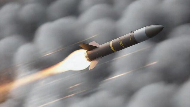 Powerful Ascent: A missile, soaring through the air with flames trailing, symbolizing technology and defense capabilities.